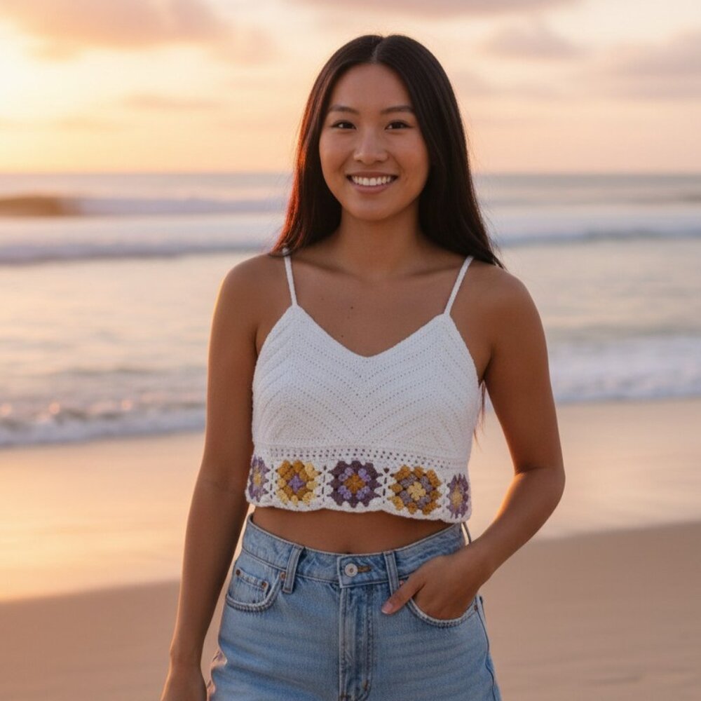 Hollister Womens White Crochet Festival Granny Square Boho Crop Top Size M